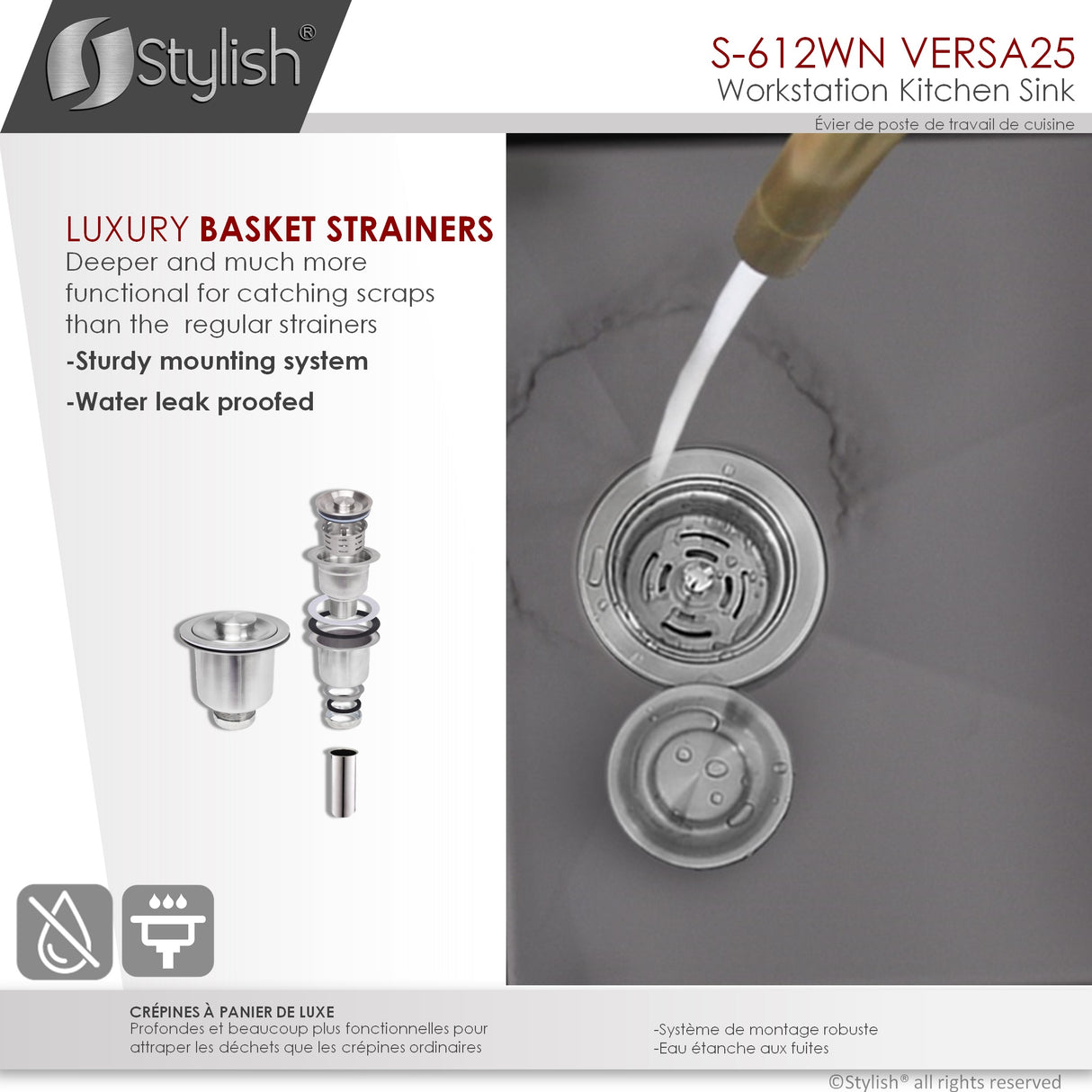 STYLISH 25 inch Workstation Single Bowl Undermount 16 Gauge Stainless Steel Kitchen Sink with Built in Accessories