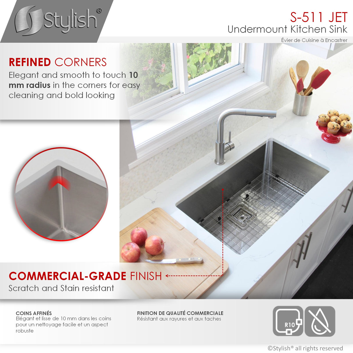 STYLISH 30 inch Single Bowl Stainless Steel Kitchen Sink with Square Strainer
