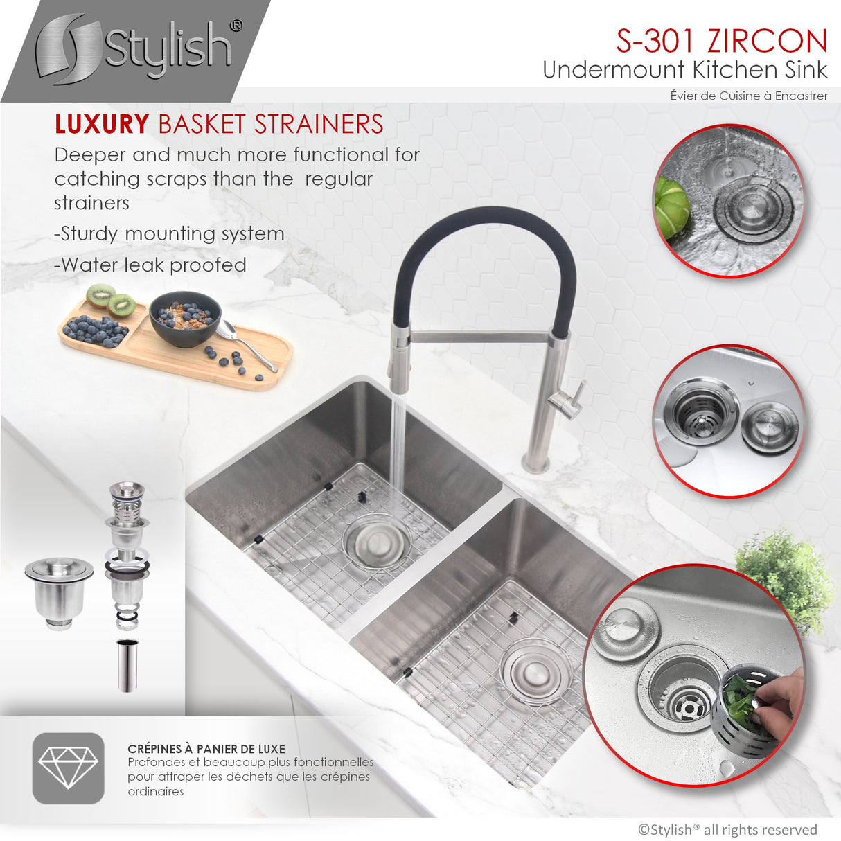 STYLISH 32 inch Double Bowl Undermount Stainless Steel Kitchen Sink