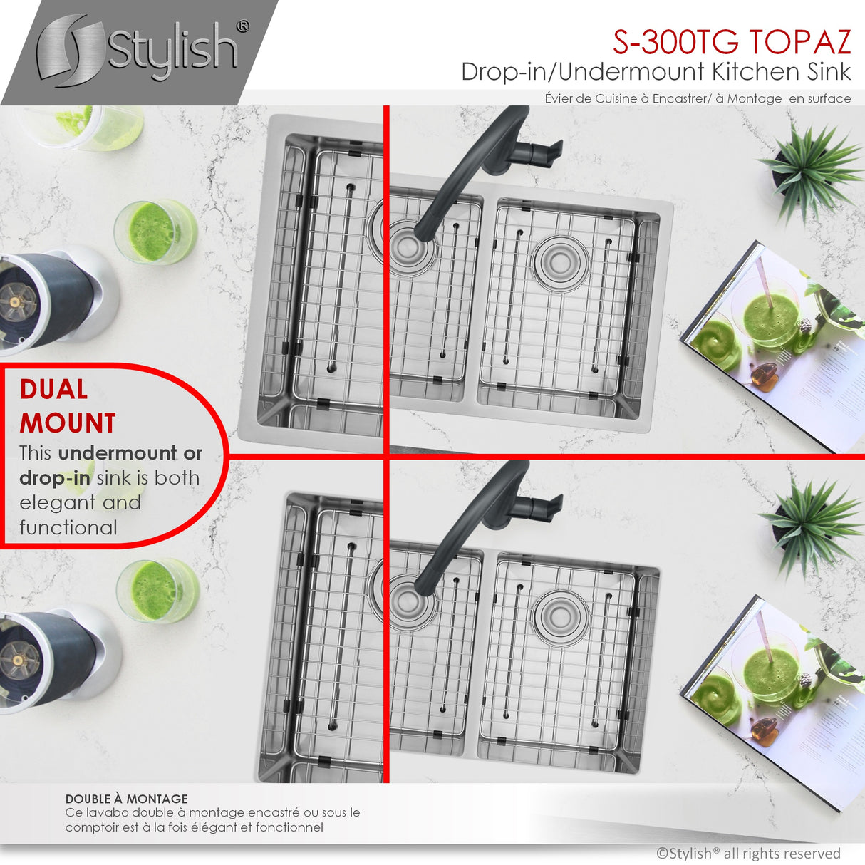 STYLISH 28 inch Double Bowl Dual mount 18G Stainless Steel Kitchen Sink with Grids and Strainers