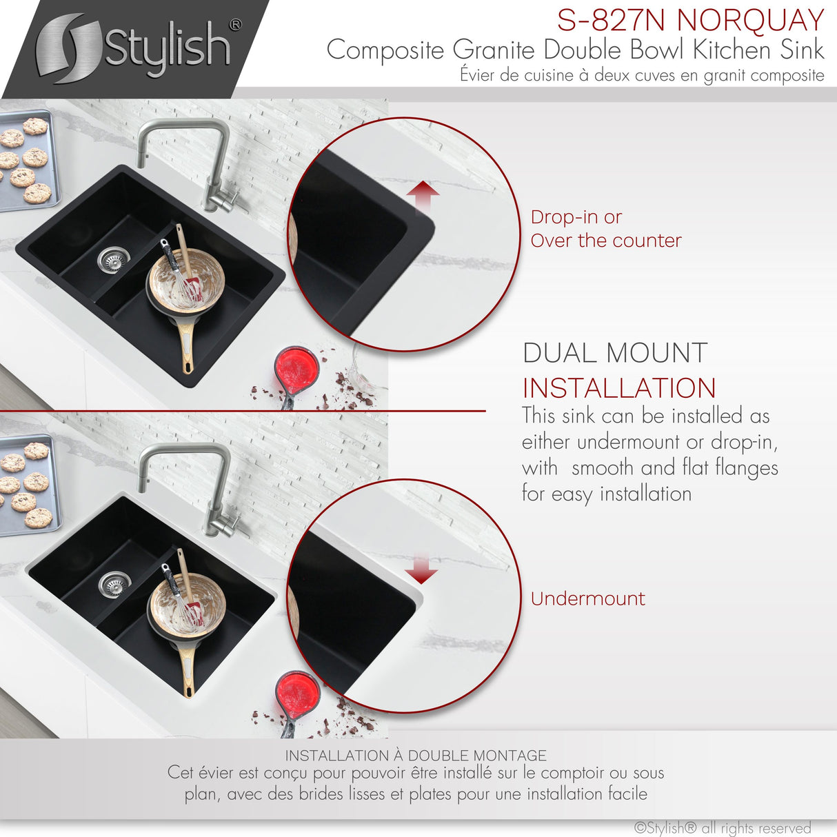 STYLISH 27 inch Dual Mount 60/40 Double Bowl Composite Granite Kitchen Sink with Strainer