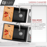 STYLISH 32 inch Dual Mount Workstation Single Bowl Composite Granite Kitchen Sink with Built in Accessories