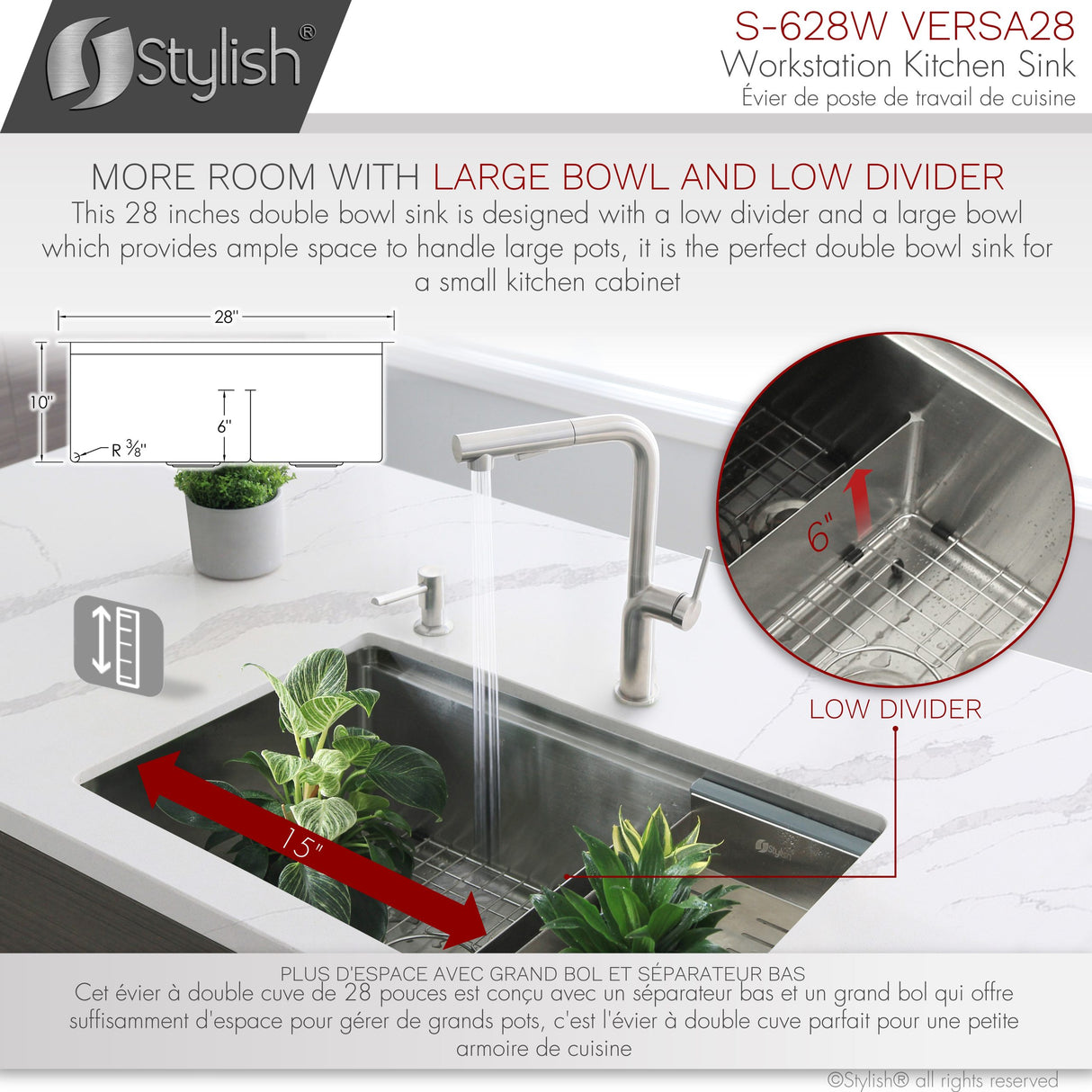 STYLISH 28 inch Workstation 60/40 Double Bowl Undermount Kitchen Sink with Built in Accessories