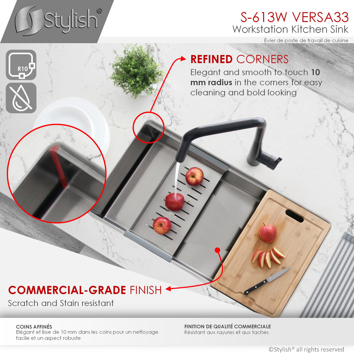 STYLISH 33 inch Workstation Single Bowl Undermount 16 Gauge Stainless Steel Kitchen Sink with Built in Accessories