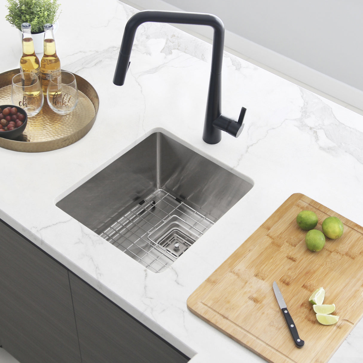 STYLISH 16 inch Single Bowl Stainless Steel Kitchen Sink with Square Strainer