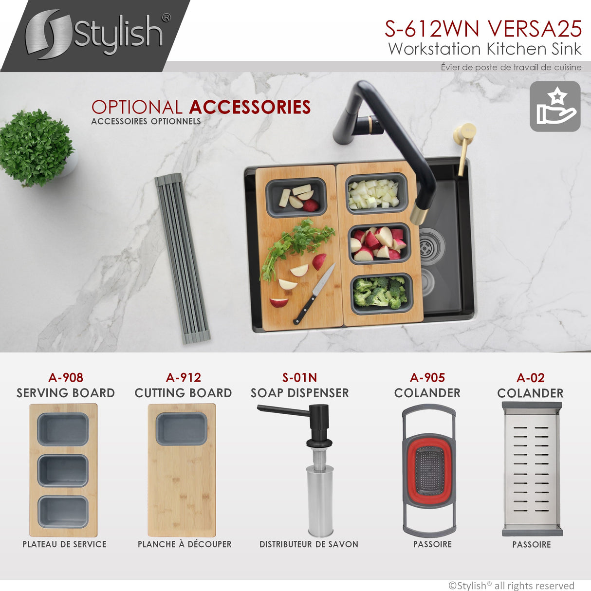 STYLISH 25 inch Workstation Single Bowl Undermount 16 Gauge Stainless Steel Kitchen Sink with Built in Accessories