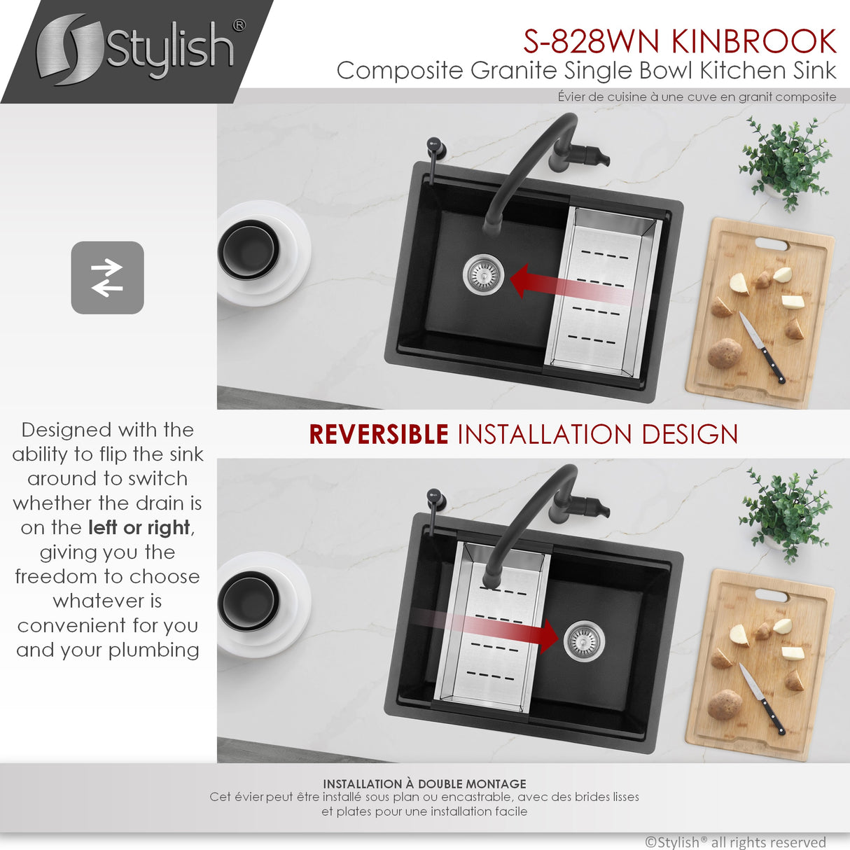 STYLISH 28 inch Dual Mount Workstation Single Bowl Composite Granite Kitchen Sink with Built in Accessories