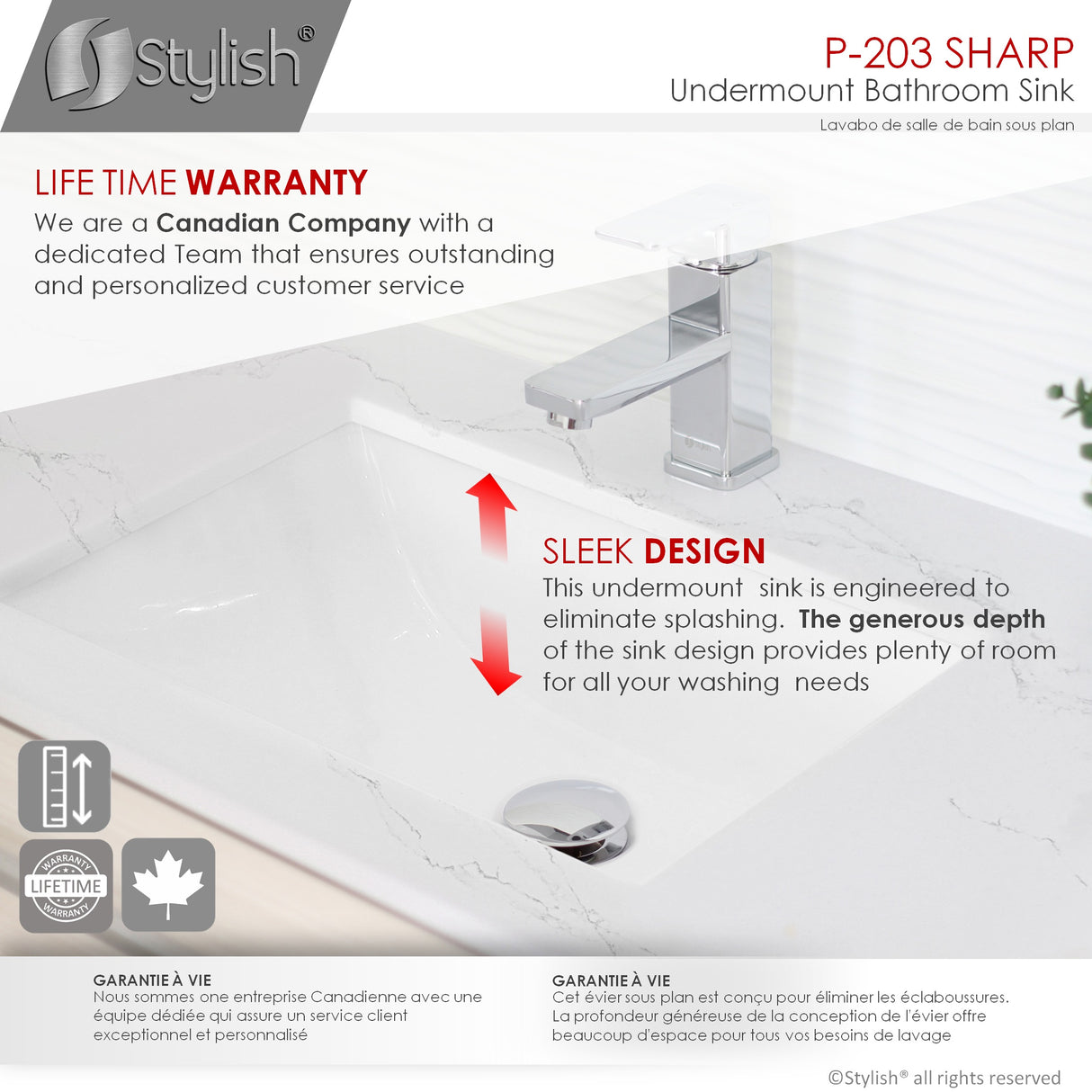 STYLISH 21 inch Rectangular Undermount Bathroom Sink with Overflow Polished Chrome