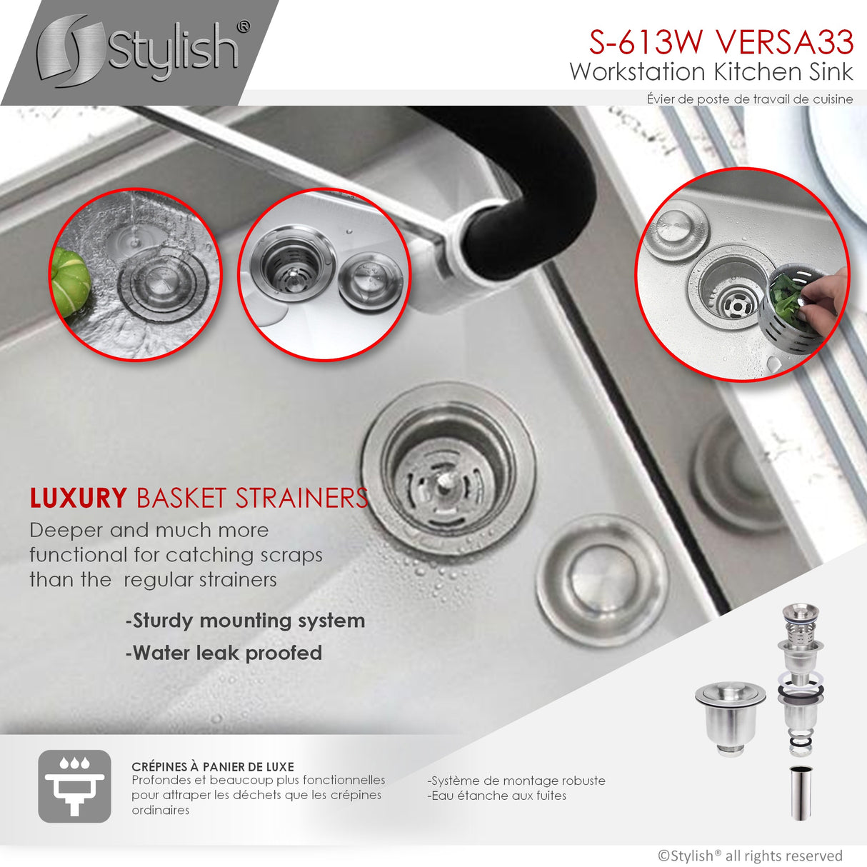 STYLISH 33 inch Workstation Single Bowl Undermount 16 Gauge Stainless Steel Kitchen Sink with Built in Accessories