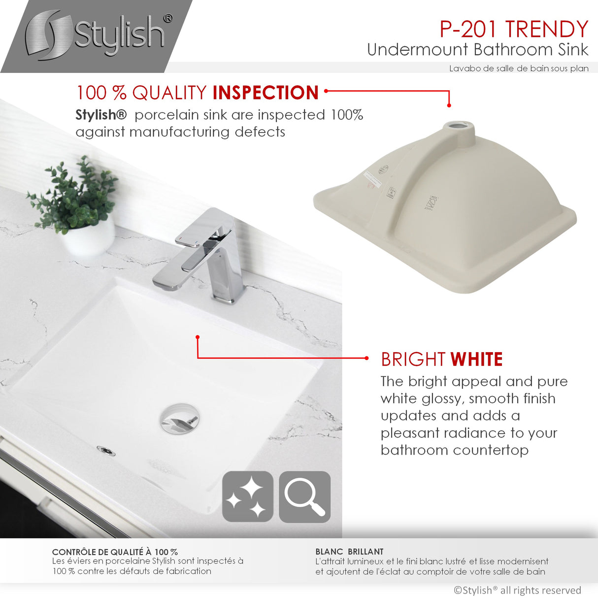STYLISH 18 inch Rectangular Undermount Bathroom Sink with Overflow Polished Chrome