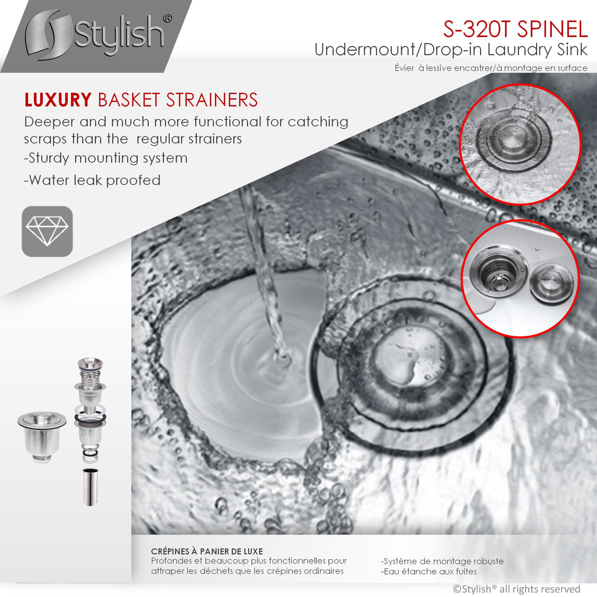 STYLISH 22 x 18 inch Single Bowl Undermount and Drop-in Stainless Steel Laundry Sink