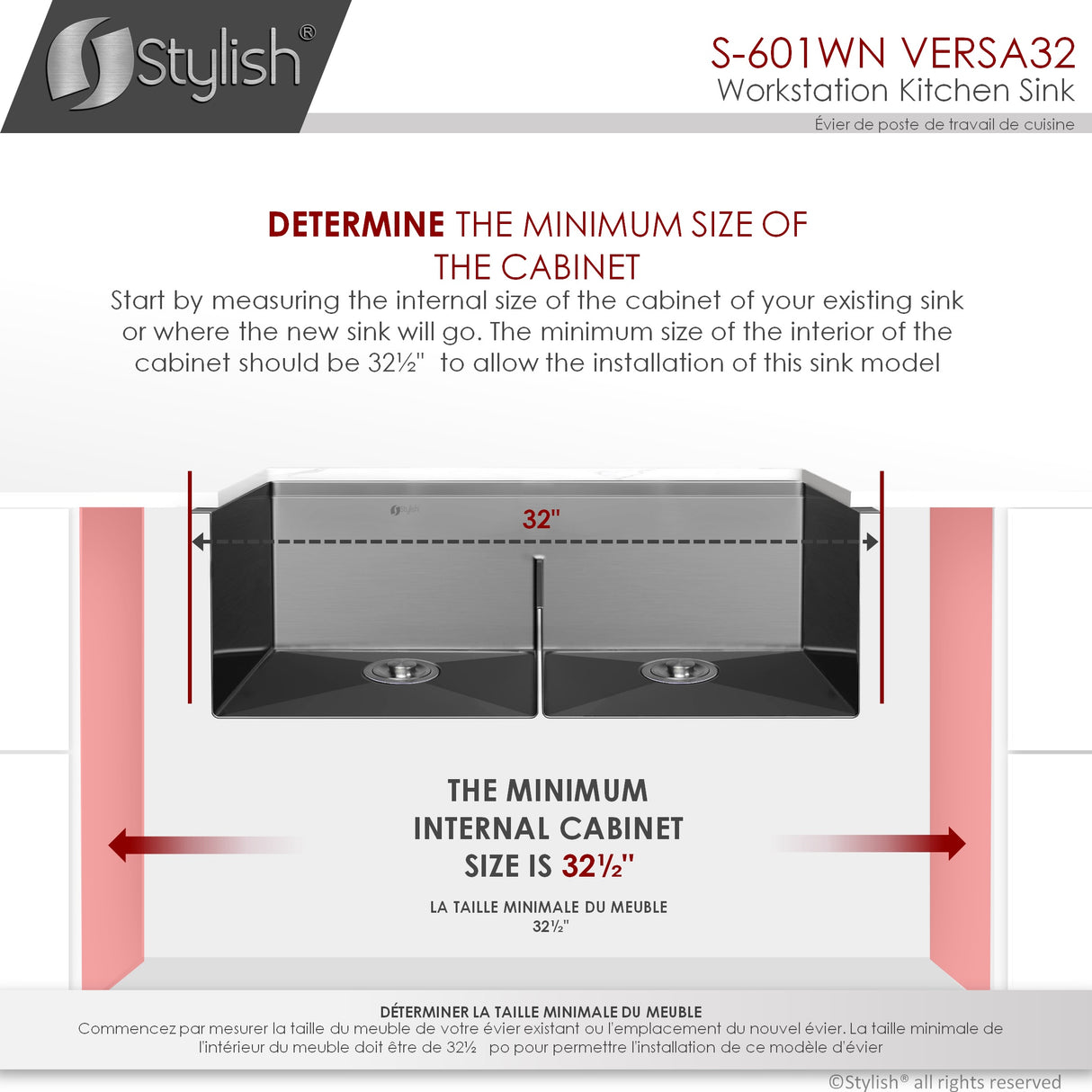 STYLISH 32 inch Workstation Double Bowl Undermount 16 Gauge Stainless Steel Kitchen Sink with Built in Accessories