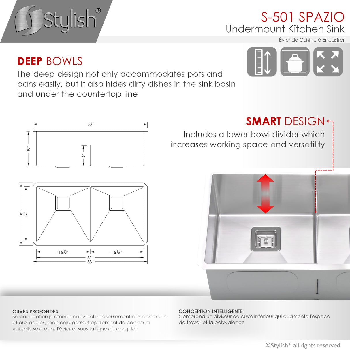 STYLISH 33 inch Slim Low Divider Double Bowl Undermount Stainless Steel Kitchen Sink