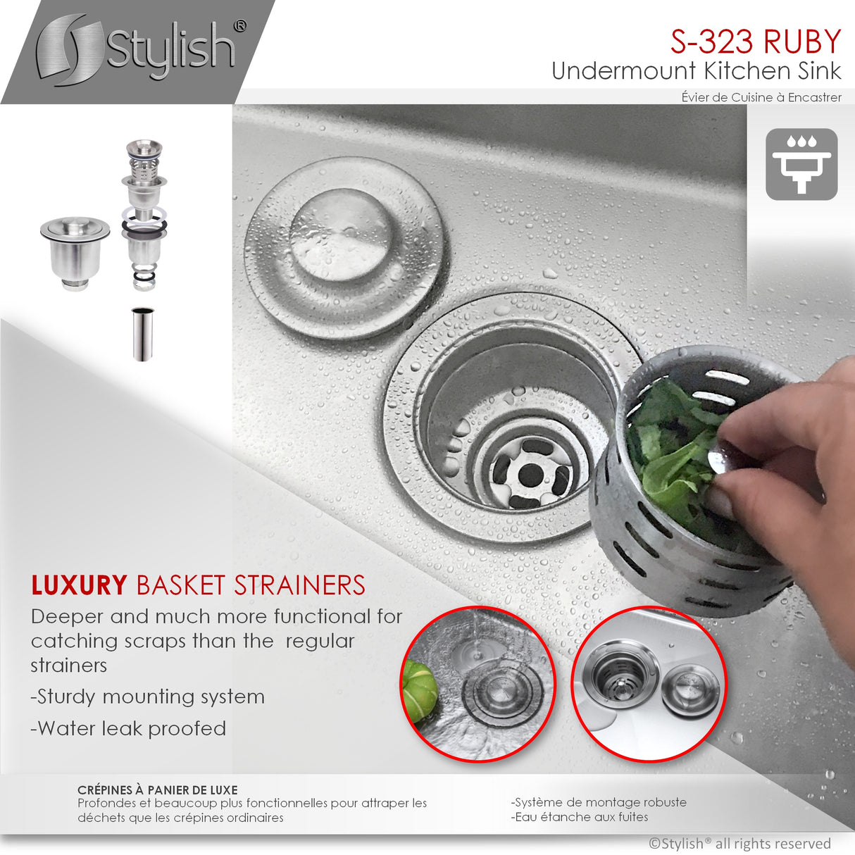 STYLISH 32 Inch Single Bowl Undermount 16G Stainless Steel Kitchen Sink with Grid and Strainer