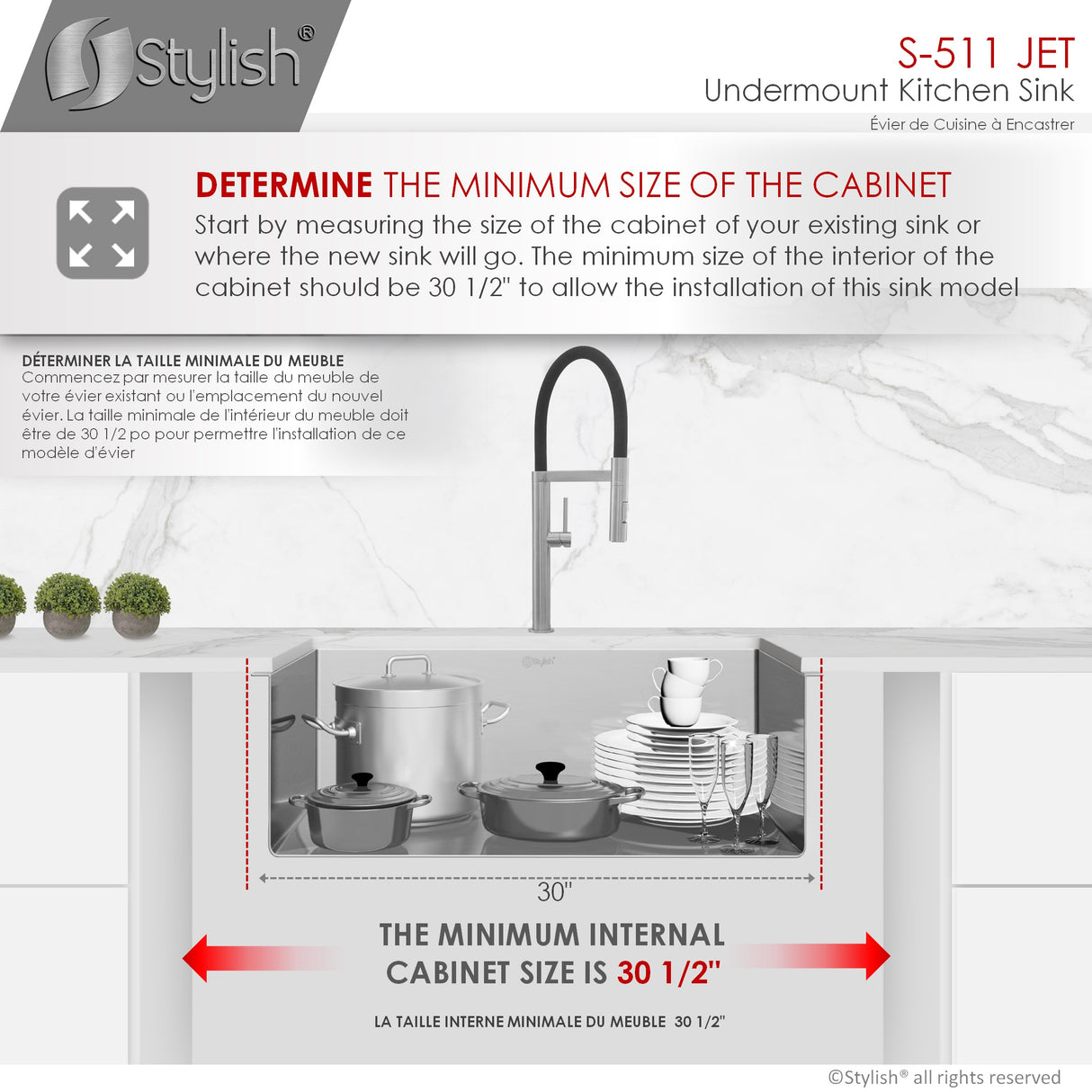 STYLISH 30 inch Single Bowl Stainless Steel Kitchen Sink with Square Strainer