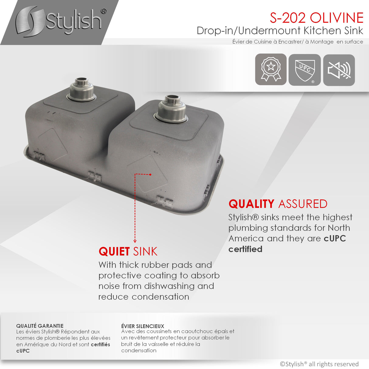 STYLISH 32 Low Divider Double Undermount and Drop-in Kitchen Sink