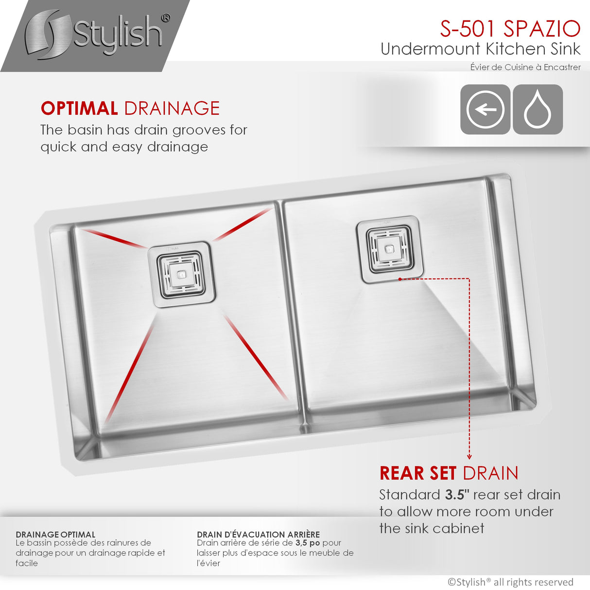 STYLISH 33 inch Slim Low Divider Double Bowl Undermount Stainless Steel Kitchen Sink