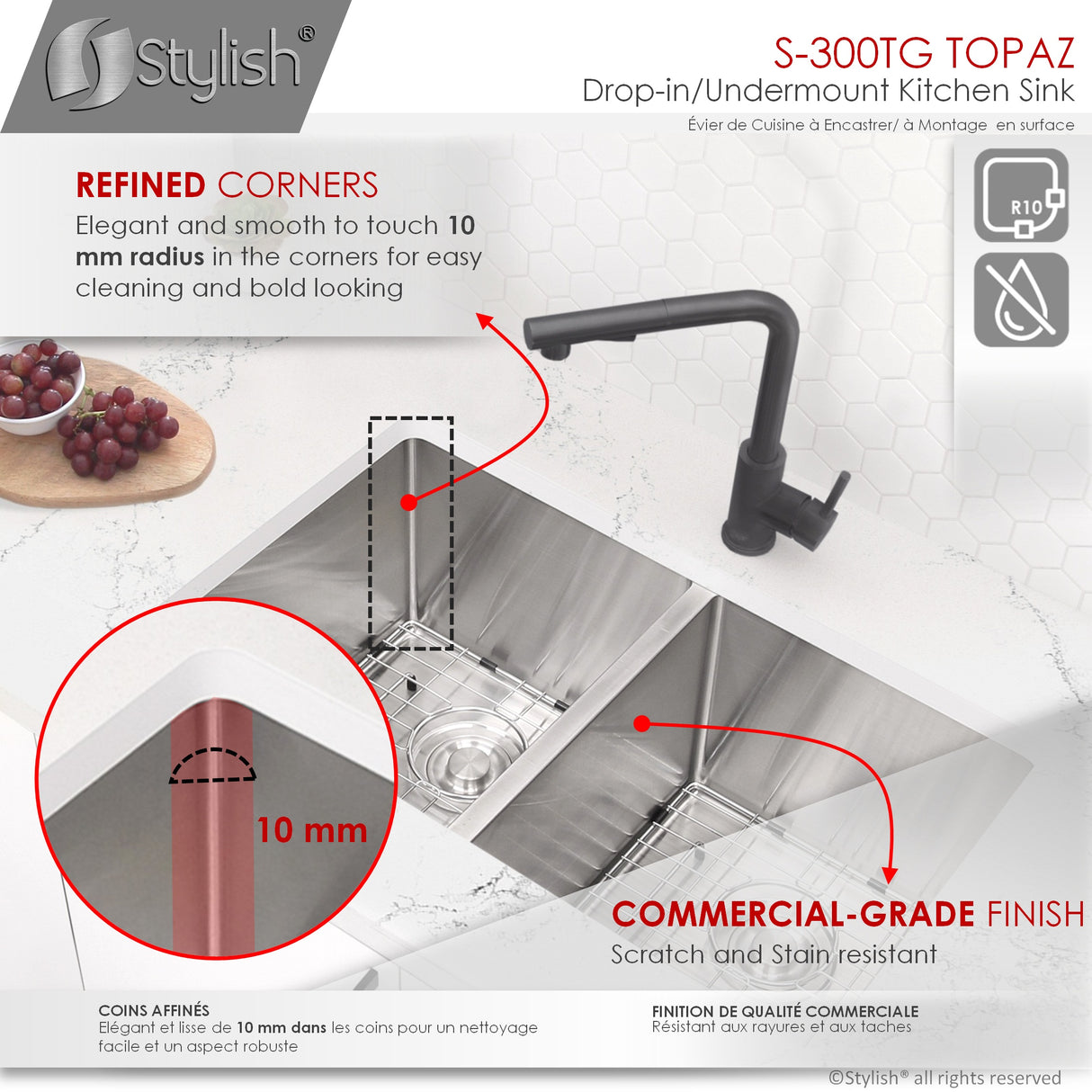 STYLISH 28 inch Double Bowl Dual mount 18G Stainless Steel Kitchen Sink with Grids and Strainers