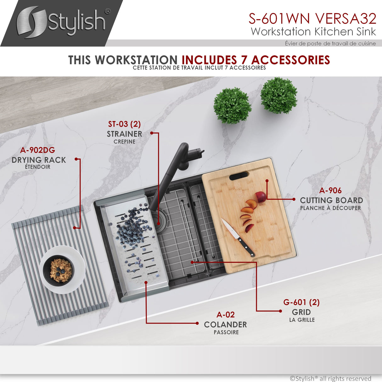 STYLISH 32 inch Workstation Double Bowl Undermount 16 Gauge Stainless Steel Kitchen Sink with Built in Accessories