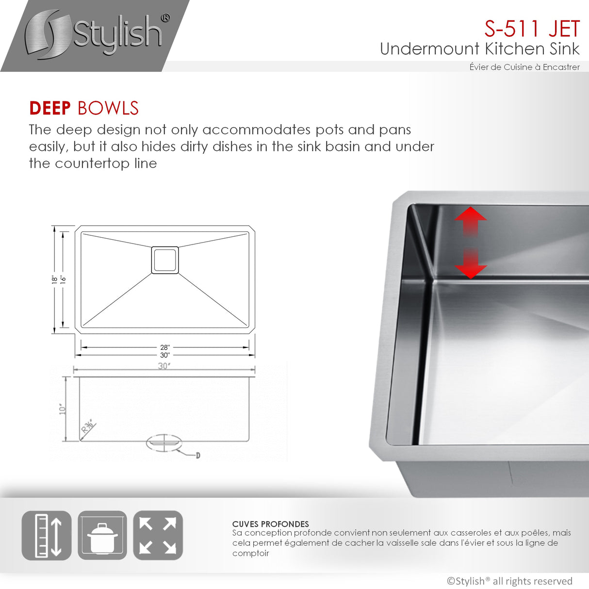 STYLISH 30 inch Single Bowl Stainless Steel Kitchen Sink with Square Strainer