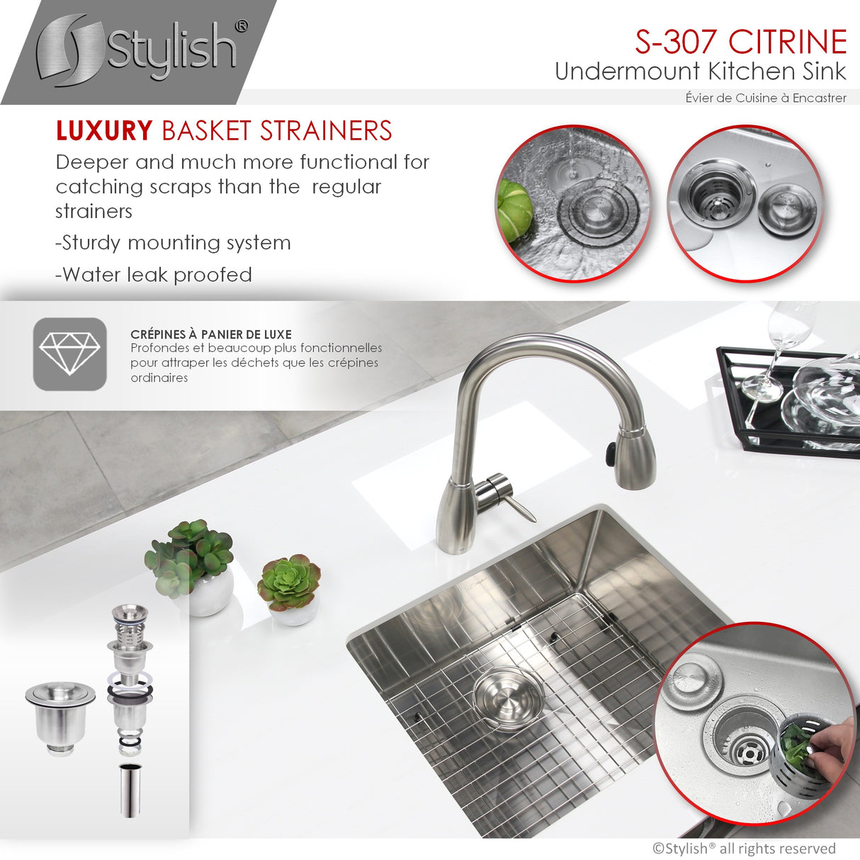 STYLISH 23 inch Single Bowl Undermount Stainless Steel Kitchen Sink