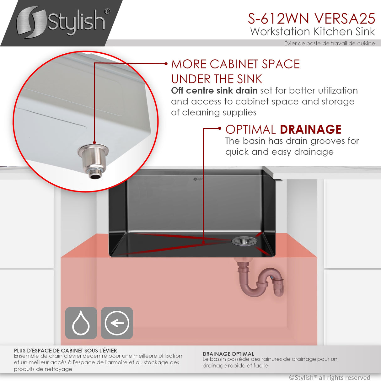 STYLISH 25 inch Workstation Single Bowl Undermount 16 Gauge Stainless Steel Kitchen Sink with Built in Accessories
