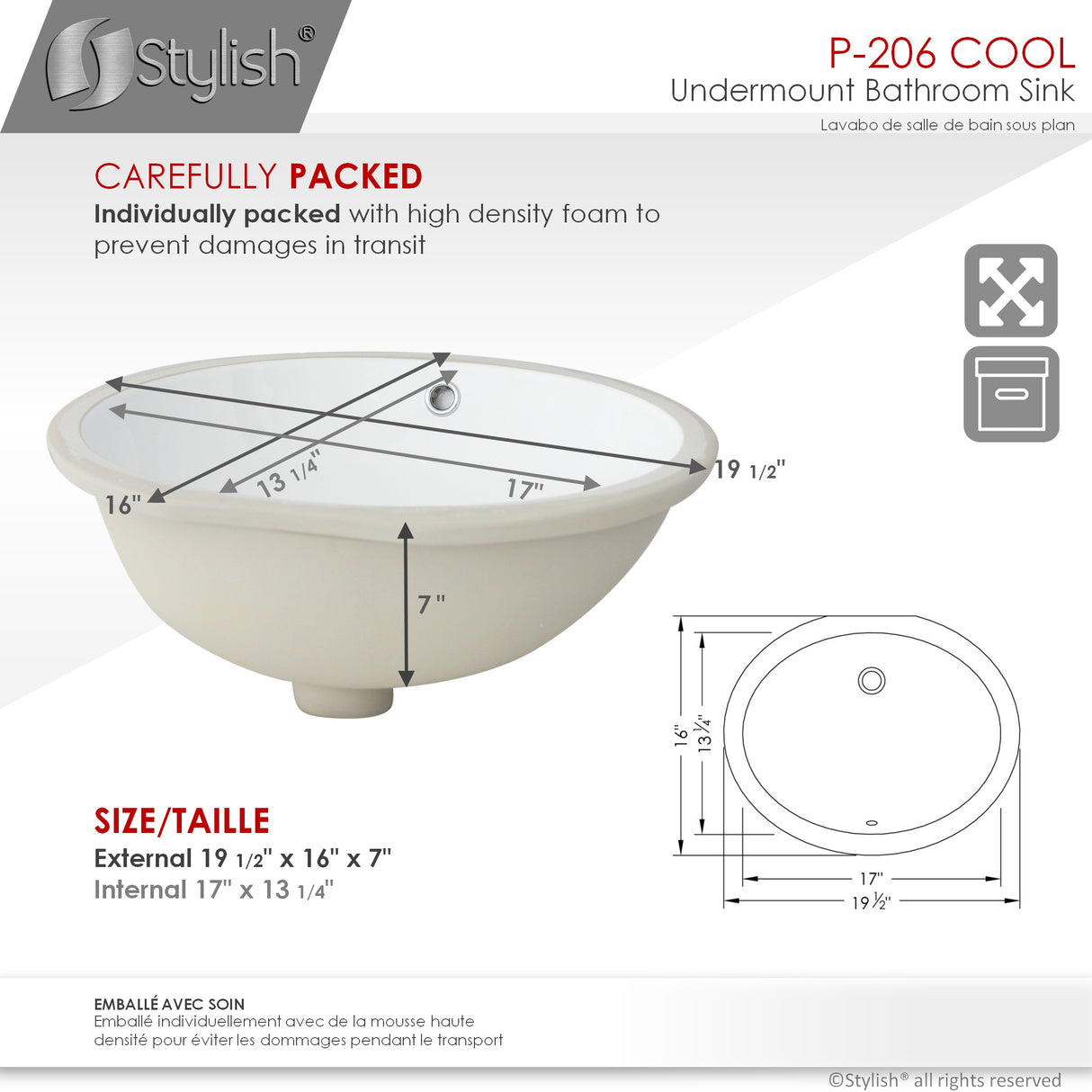STYLISH 19 inch Oval Undermount Bathroom Sink with Overflow