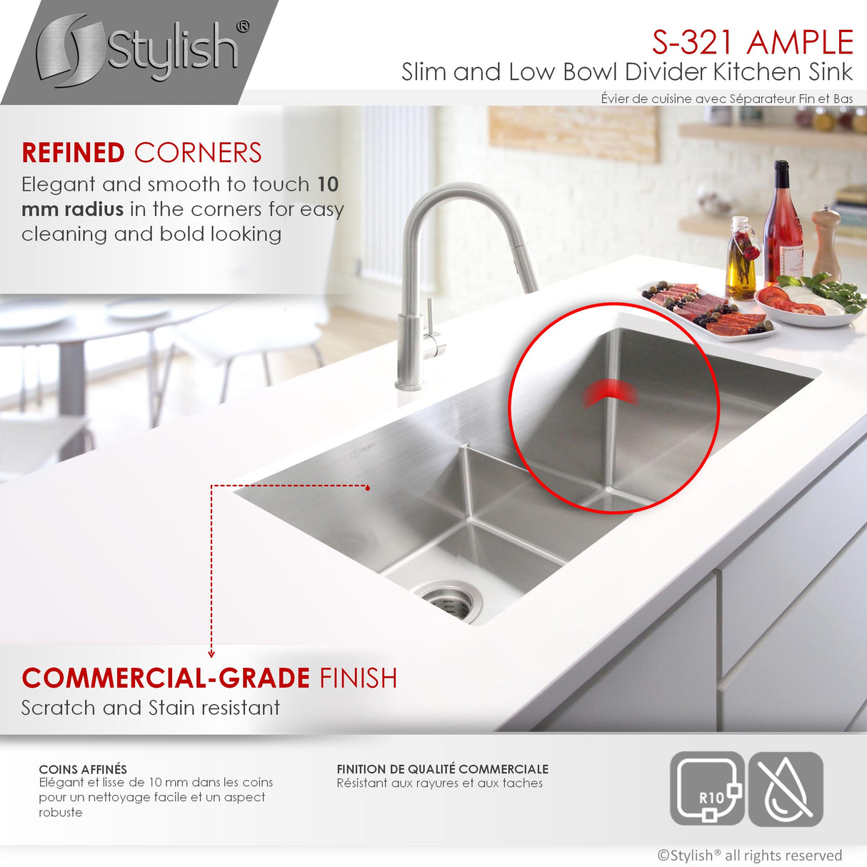 STYLISH 32 inch Slim Low Divider Double Bowl Undermount Stainless Steel Kitchen Sink