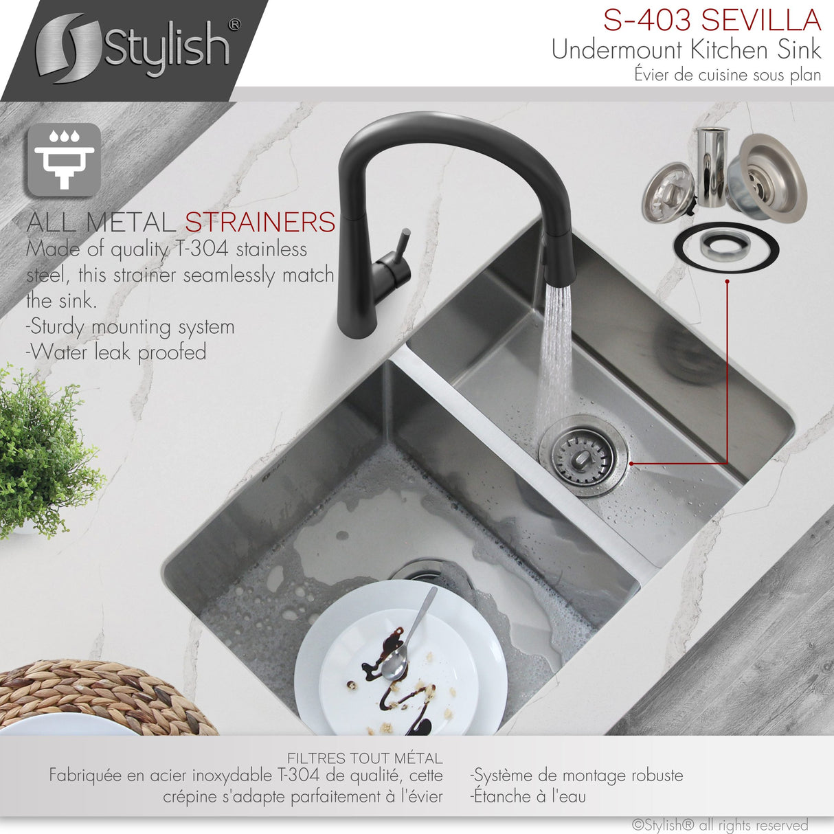 28 in Undermount Double Bowl Kitchen Sink, 18 Gauge Stainless Steel with Standard Strainers, by Stylish Sevilla