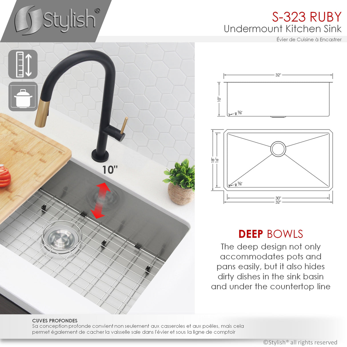 STYLISH 32 Inch Single Bowl Undermount 16G Stainless Steel Kitchen Sink with Grid and Strainer