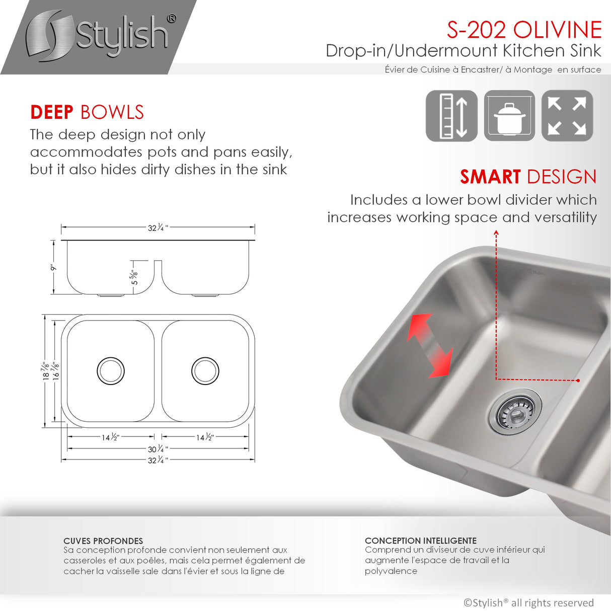 STYLISH 32 Low Divider Double Undermount and Drop-in Kitchen Sink