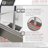 STYLISH 39 inch Ledge Workstation Single Bowl Undermount 16 Gauge Stainless Steel Kitchen Sink with Built in Accessories