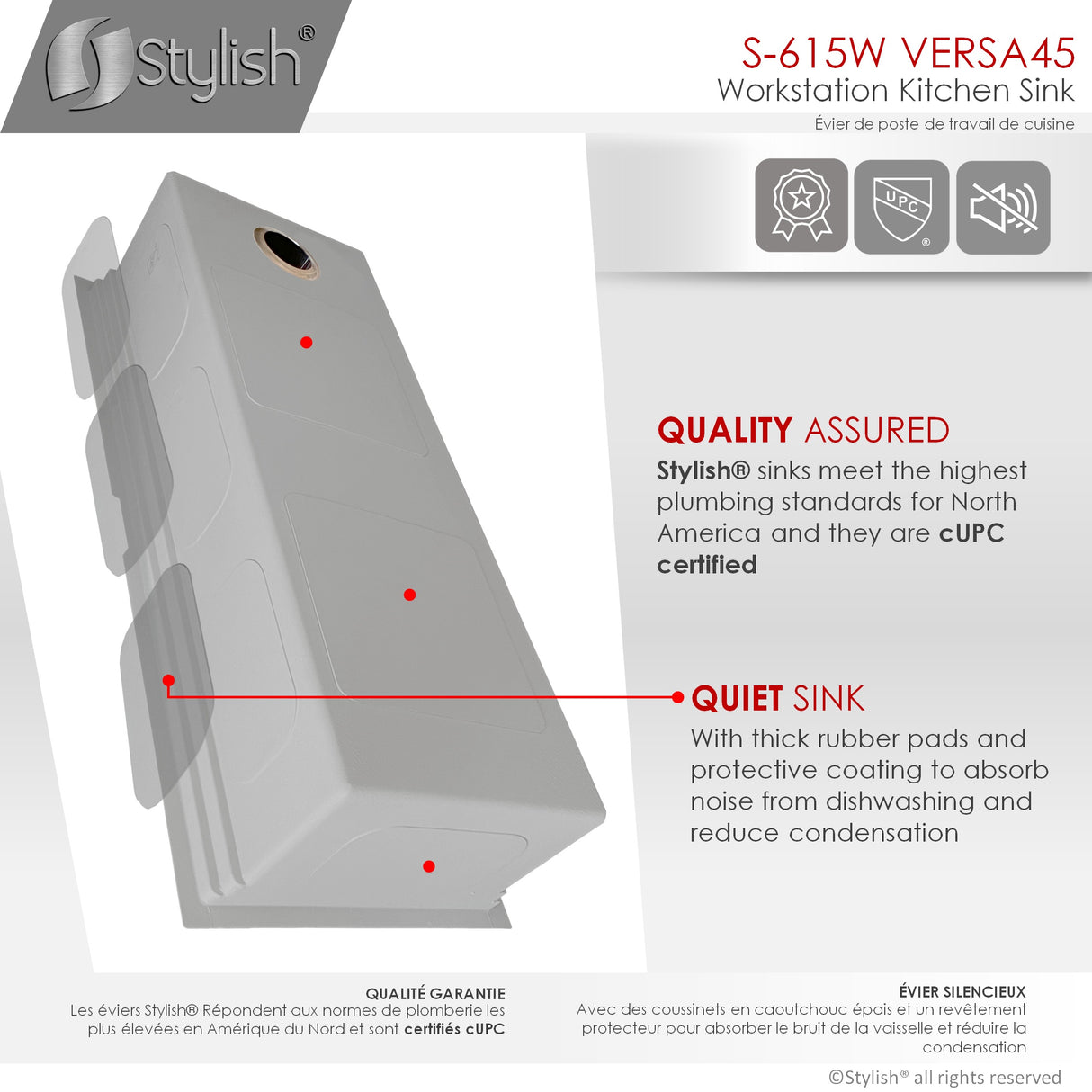STYLISH 45 inch Ledge Workstation Single Bowl Undermount 16 Gauge Stainless Steel Kitchen Sink with Built in Accessories