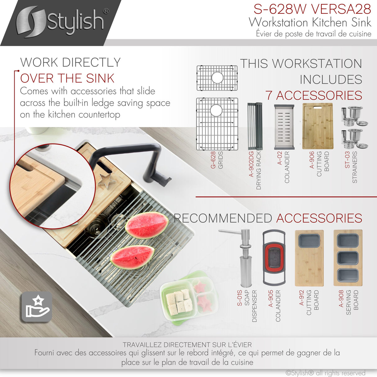 STYLISH 28 inch Workstation 60/40 Double Bowl Undermount Kitchen Sink with Built in Accessories