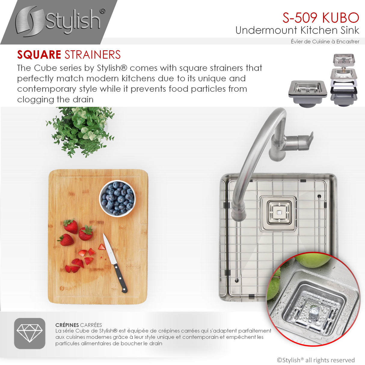 STYLISH 16 inch Single Bowl Stainless Steel Kitchen Sink with Square Strainer