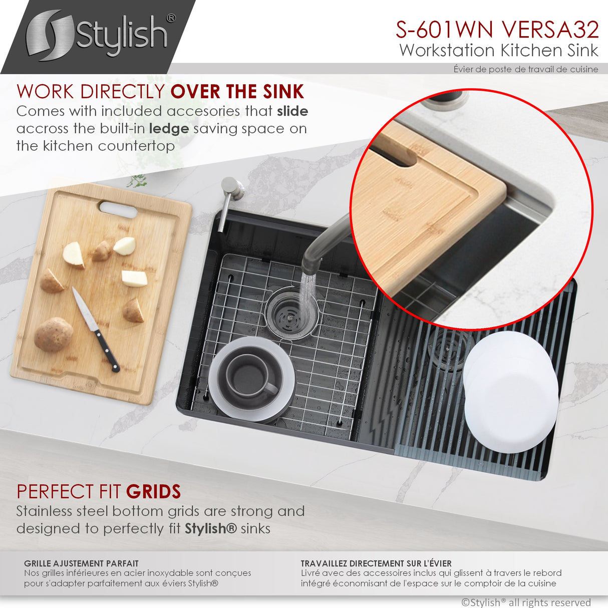 STYLISH 32 inch Workstation Double Bowl Undermount 16 Gauge Stainless Steel Kitchen Sink with Built in Accessories