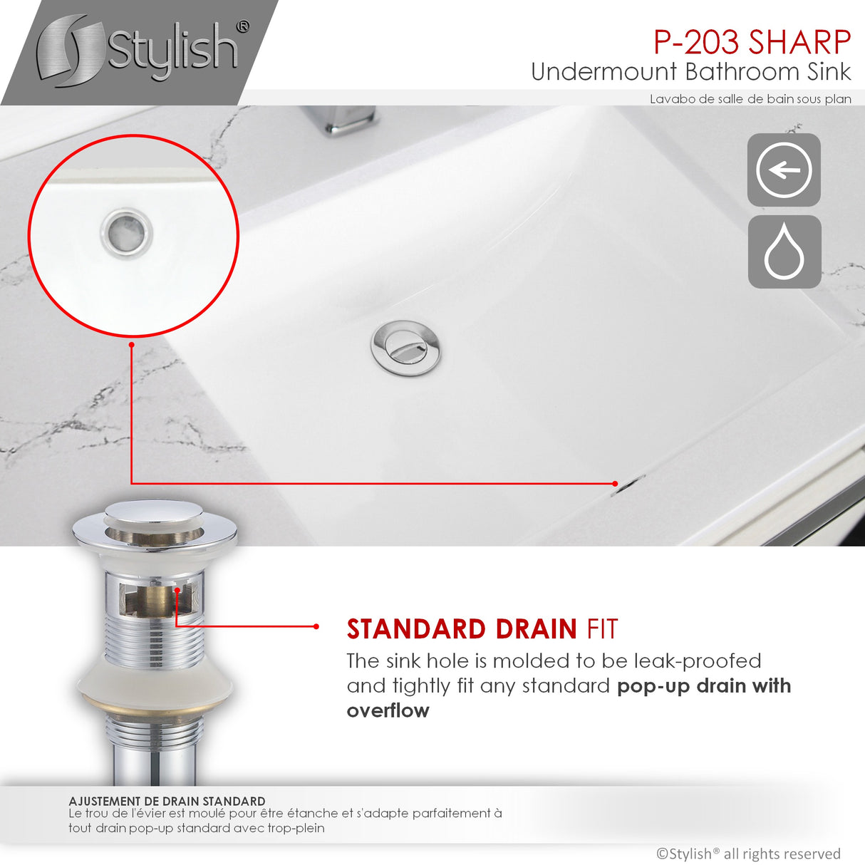 STYLISH 21 inch Rectangular Undermount Bathroom Sink with Overflow Polished Chrome