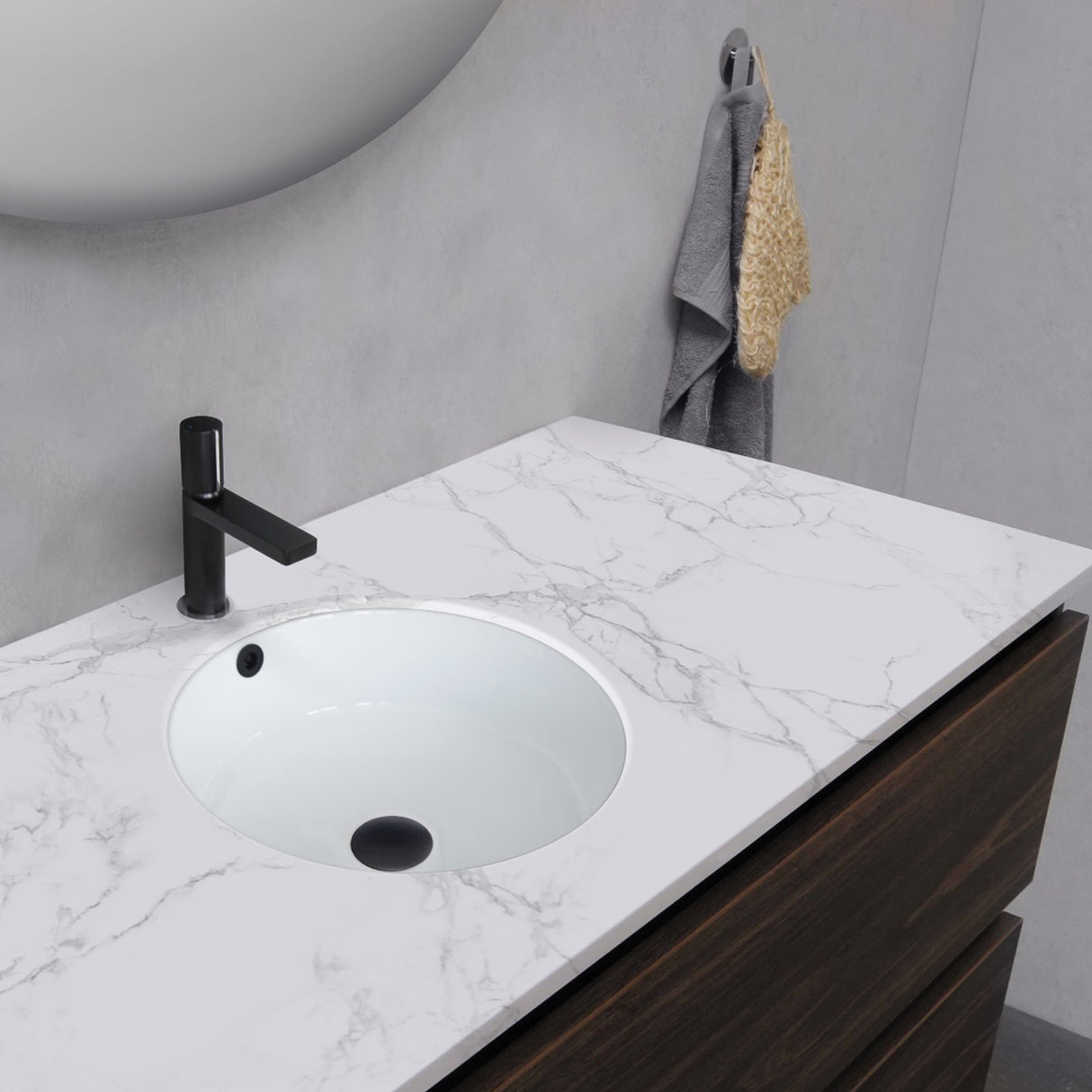 STYLISH 16 inch Round Undermount Ceramic Bathroom Sink with 2 Overflow Finishes