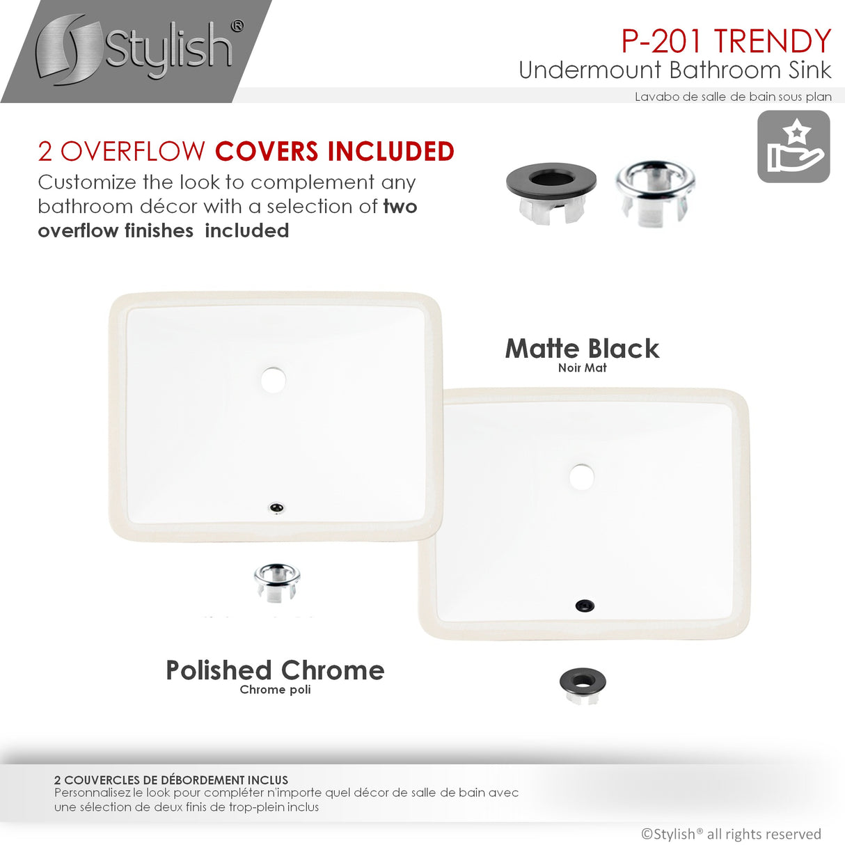 STYLISH 18 inch Rectangular Undermount Bathroom Sink with Overflow Polished Chrome