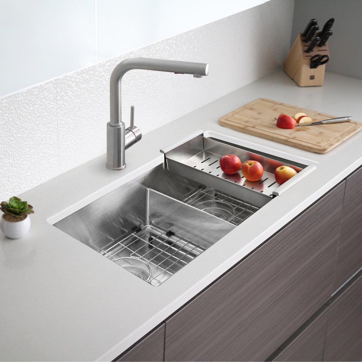 STYLISH 32 inch Slim Low Divider Double Bowl Undermount Stainless Steel Kitchen Sink