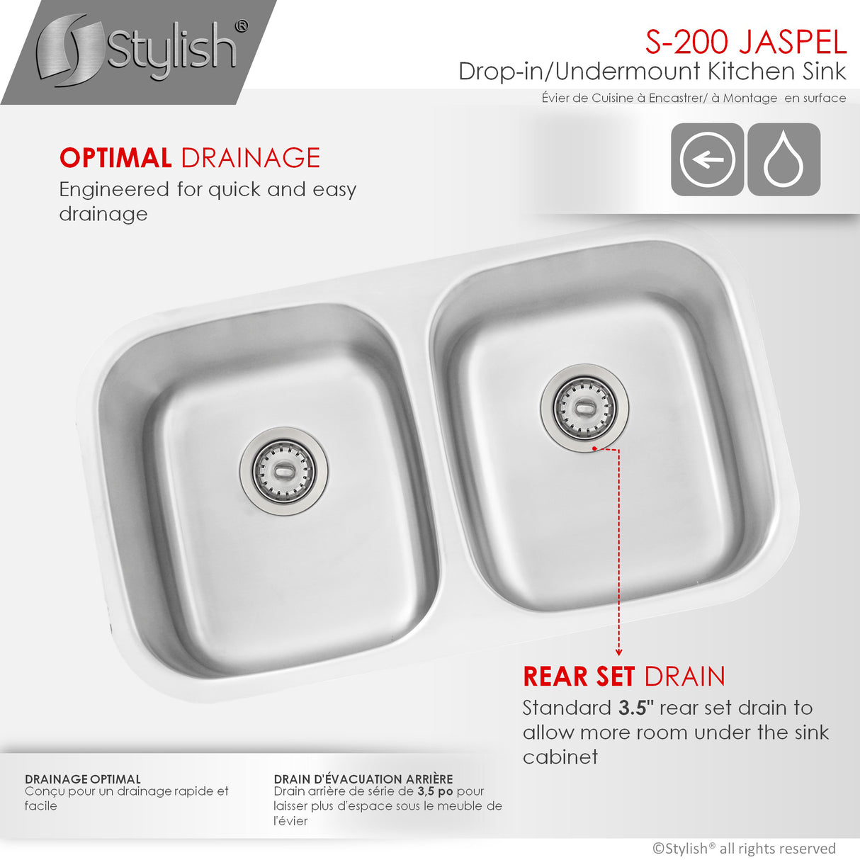 STYLISH 32 inch Double Bowl Undermount and Drop-in Kitchen Sink