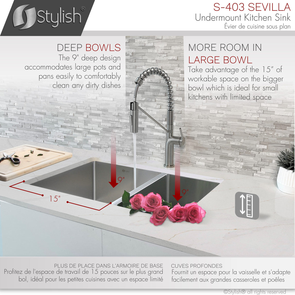 28 in Undermount Double Bowl Kitchen Sink, 18 Gauge Stainless Steel with Standard Strainers, by Stylish Sevilla