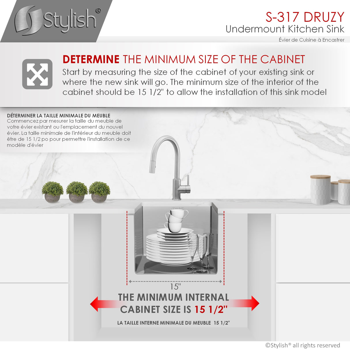 STYLISH 15 inch Single Bowl Undermount Stainless Steel Kitchen Sink