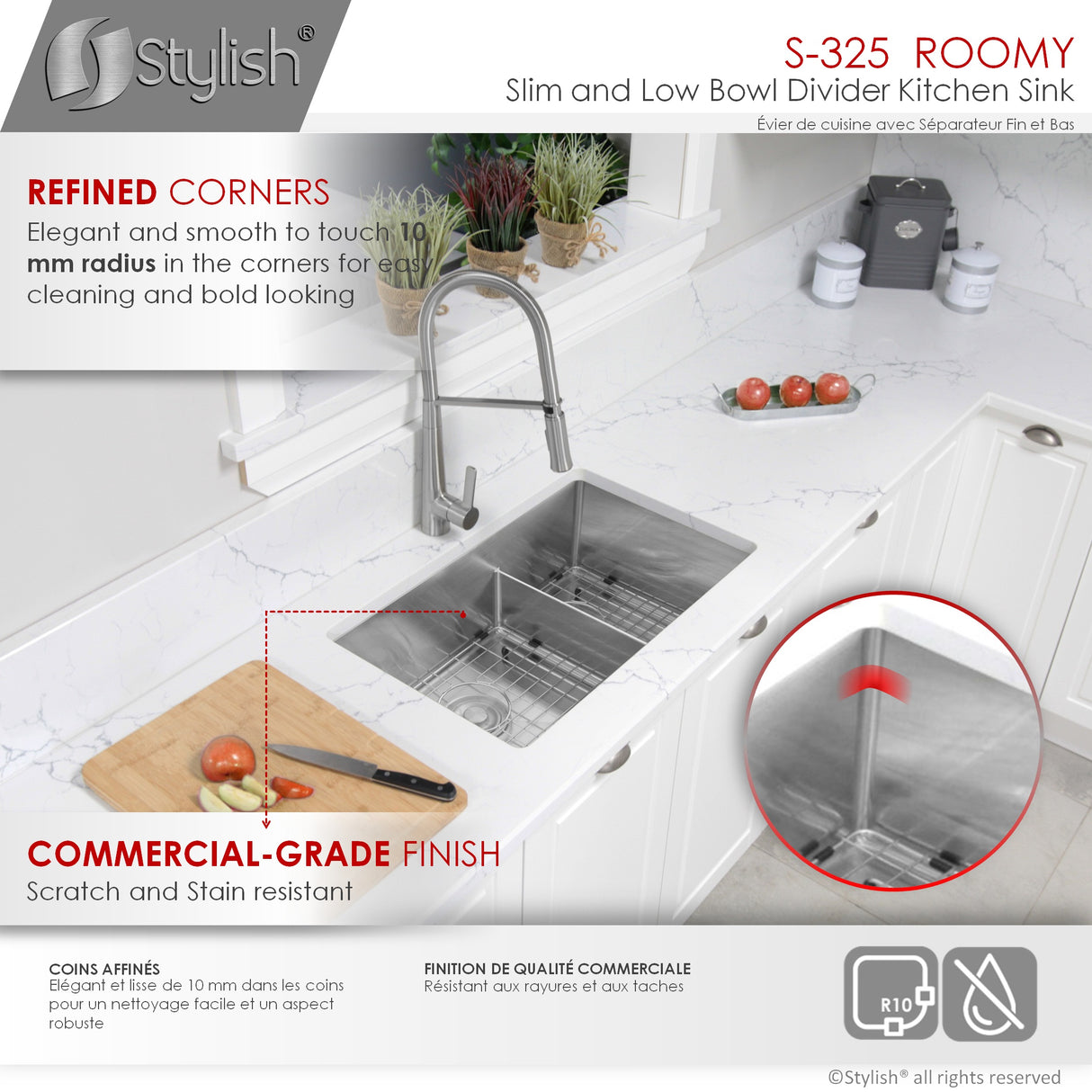 STYLISH 32 inch Low Divider 60-40 Double Bowl Undermount Stainless Steel Kitchen Sink