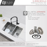 28 in Undermount Double Bowl Kitchen Sink, 18 Gauge Stainless Steel with Grids and Standard Strainers , by Stylish Sevilla