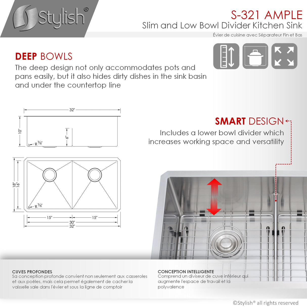 STYLISH 32 inch Slim Low Divider Double Bowl Undermount Stainless Steel Kitchen Sink