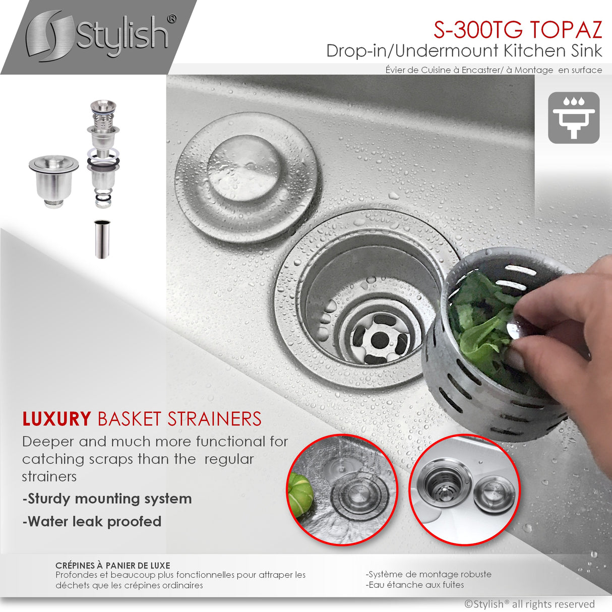 STYLISH 28 inch Double Bowl Dual mount 18G Stainless Steel Kitchen Sink with Grids and Strainers