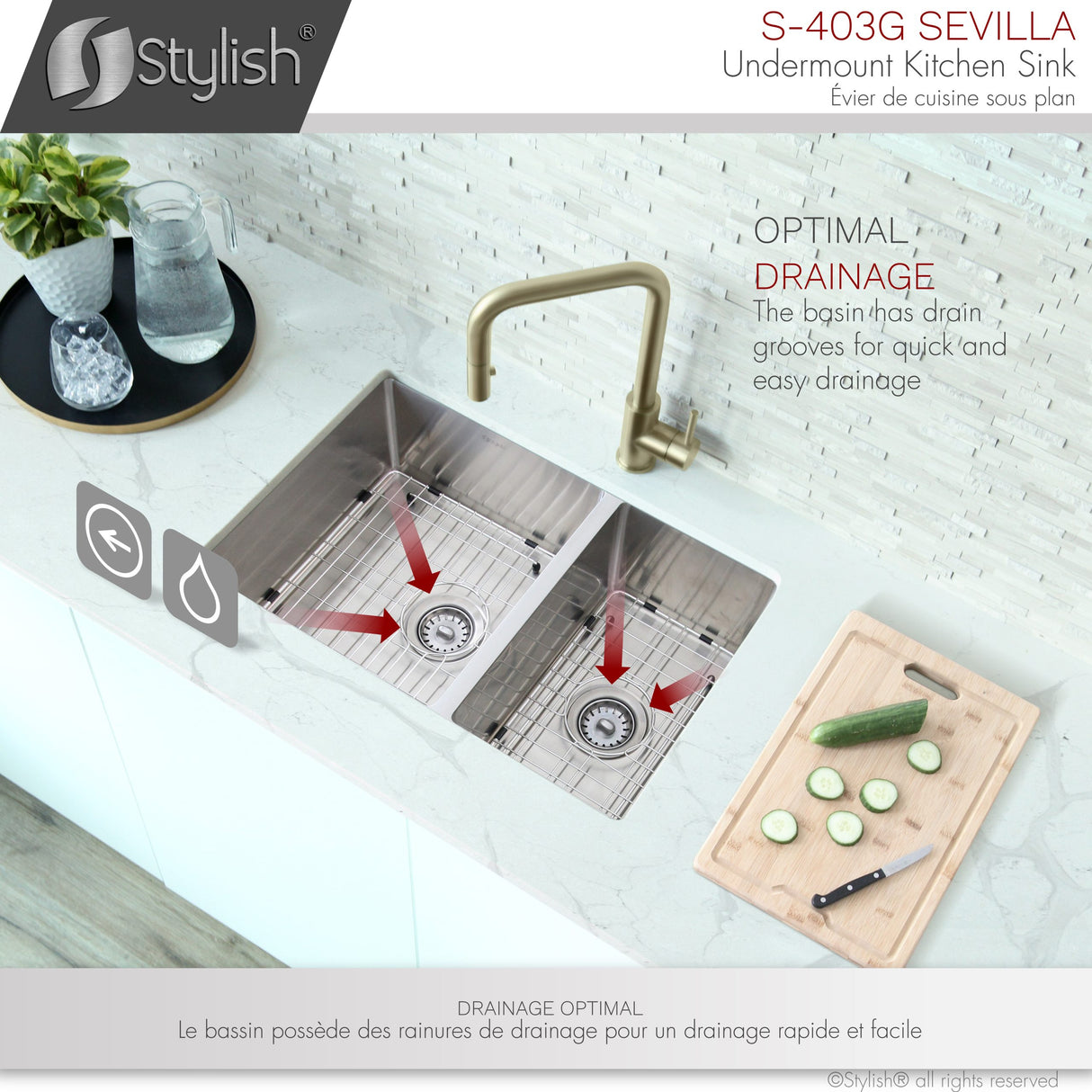 28 in Undermount Double Bowl Kitchen Sink, 18 Gauge Stainless Steel with Grids and Standard Strainers , by Stylish Sevilla