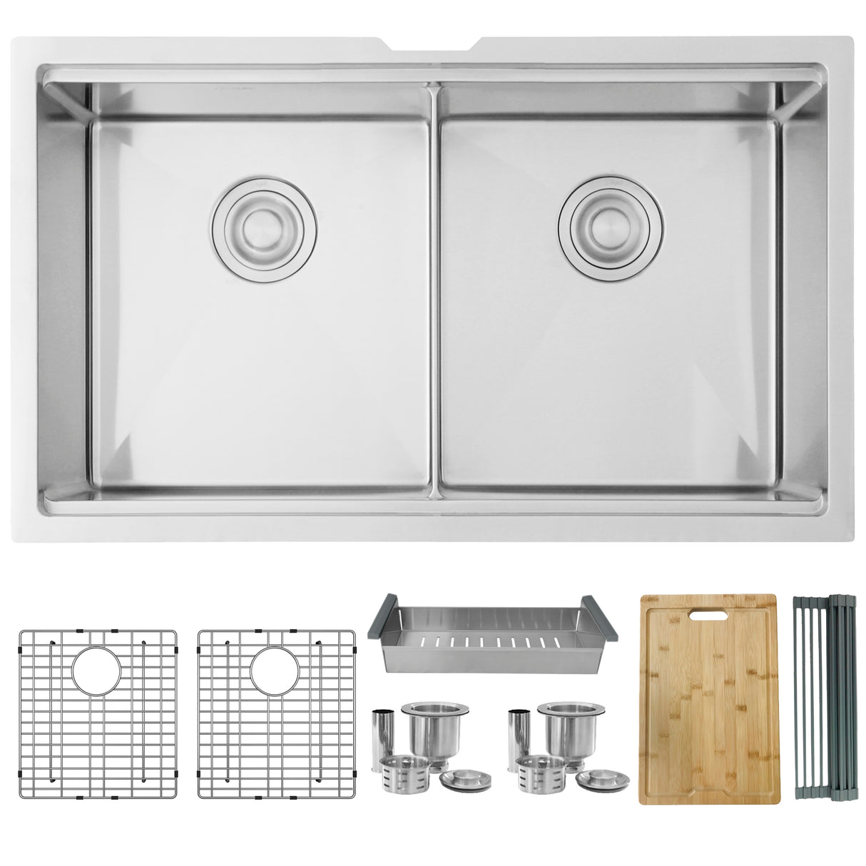 STYLISH 32 inch Workstation Double Bowl Undermount 16 Gauge Stainless Steel Kitchen Sink with Built in Accessories