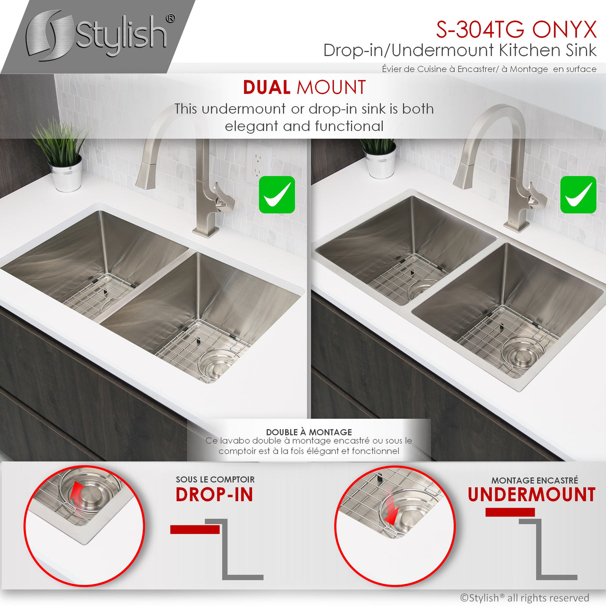 STYLISH 30 inch Double Bowl Undermount and Drop-in Stainless Steel Kitchen Sink